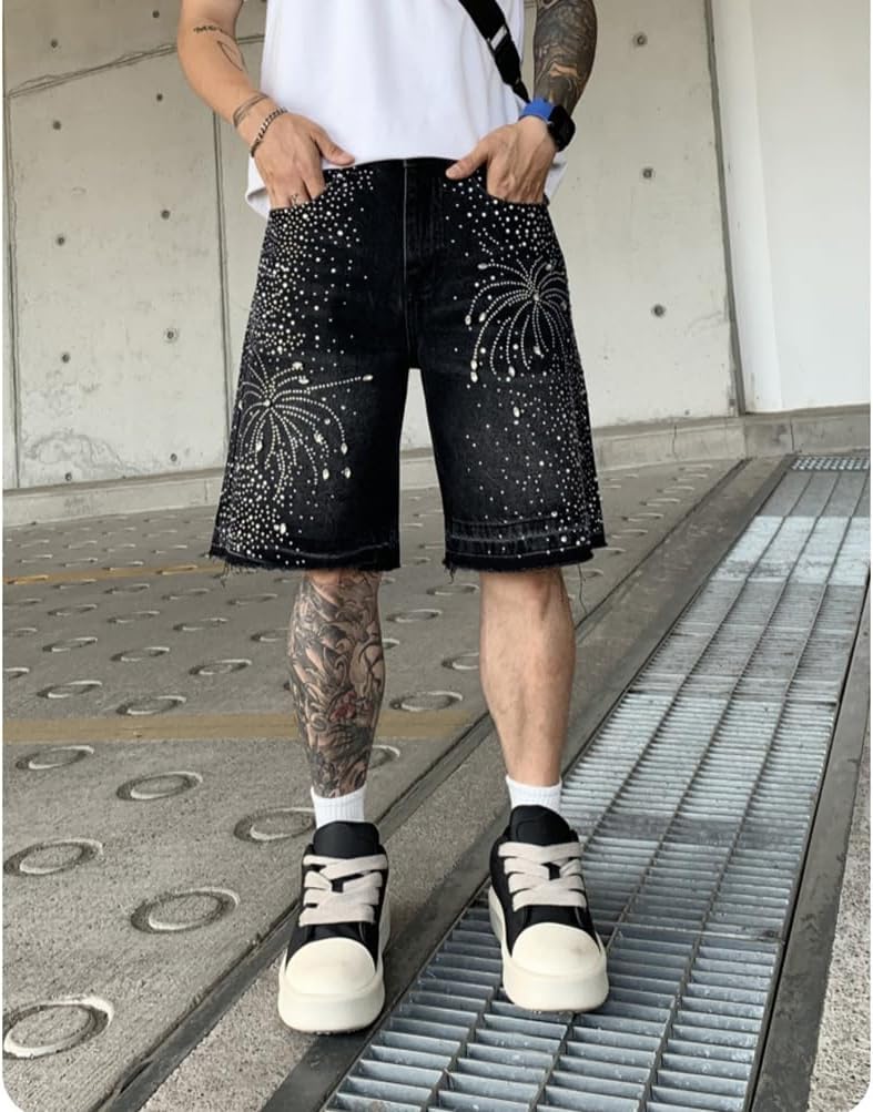 Men's Rhinestones Denim Shorts Summer Loose Straight Leg Jean Shorts with Pockets