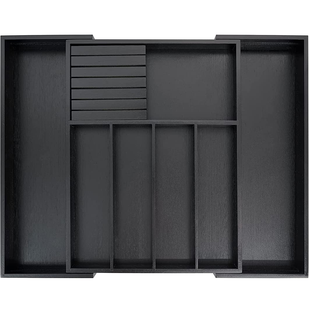 ANTOLEBamboo Expandable Drawer Organizer for Utensils Holder, Adjustable Cutlery Tray, Wood Drawer Dividers Organizer for Silverware, Flatware, Knives in Kitchen, Bedroom, Living Room (Black)