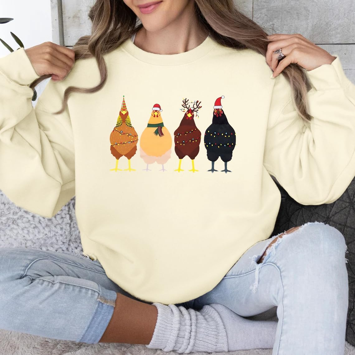 LOTUCY Christmas Sweatshirt Women: Cute Chicken Xmas Shirt Funny Chicks Christmas Sweatshirts Hen Farm Animal Pullover Tops - Image 6