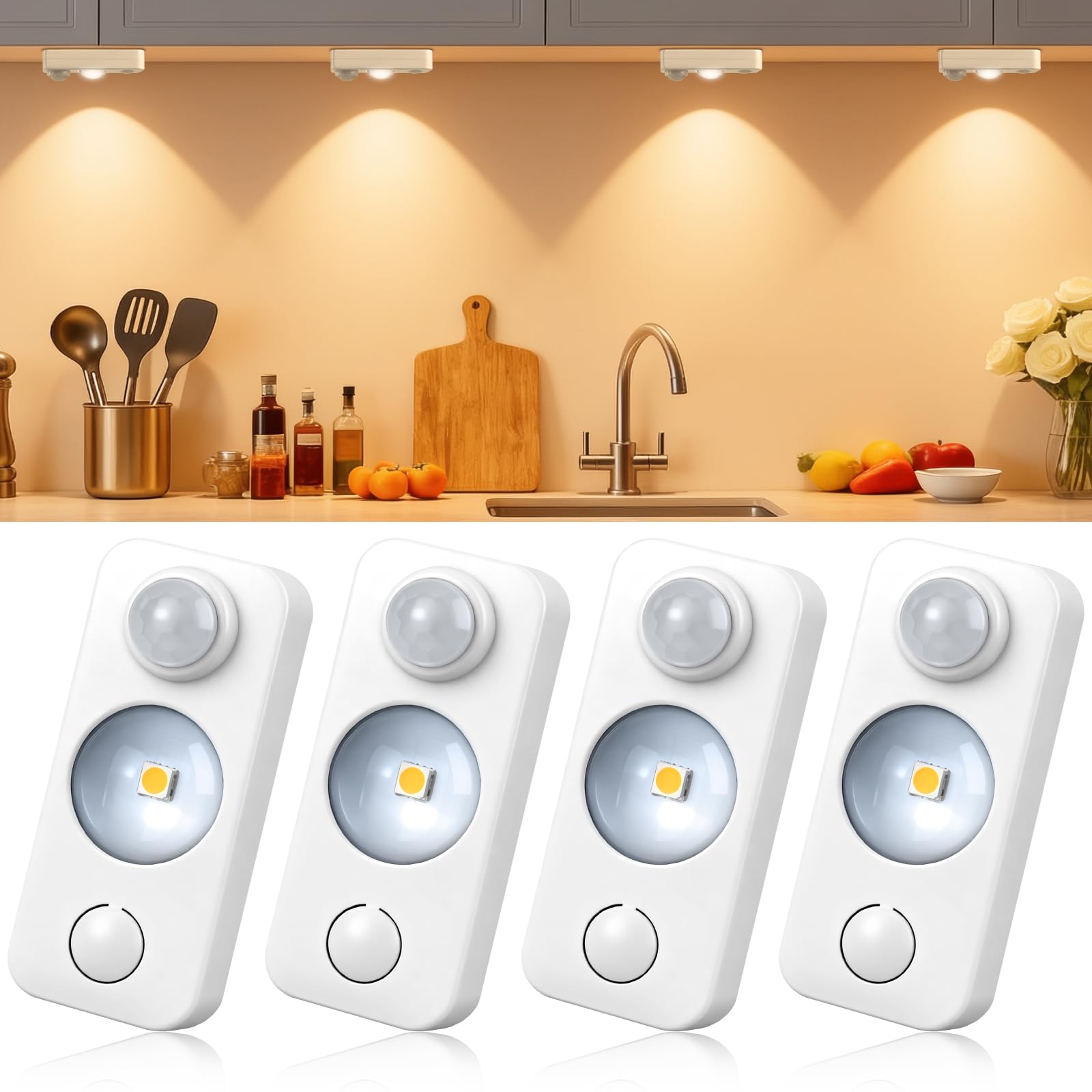 LED Motion Sensor Lights Indoor, Rechargeable Cupboard Lights with 3 Modes, Stick-On Dimmable Wireless USB Night Light for Wardrobe, Drawer, Shelf, Stairs, Hallway, Under Cabinets, Warm White(4 Pack) — image 1