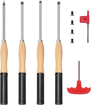 18.3" Full Size Carbide Tip Wood Lathe Turning Tool Kit, Lathe Roughing and Finishing Tool with Diamond Round Square Carbide Inserts for Woodturning 4pcs