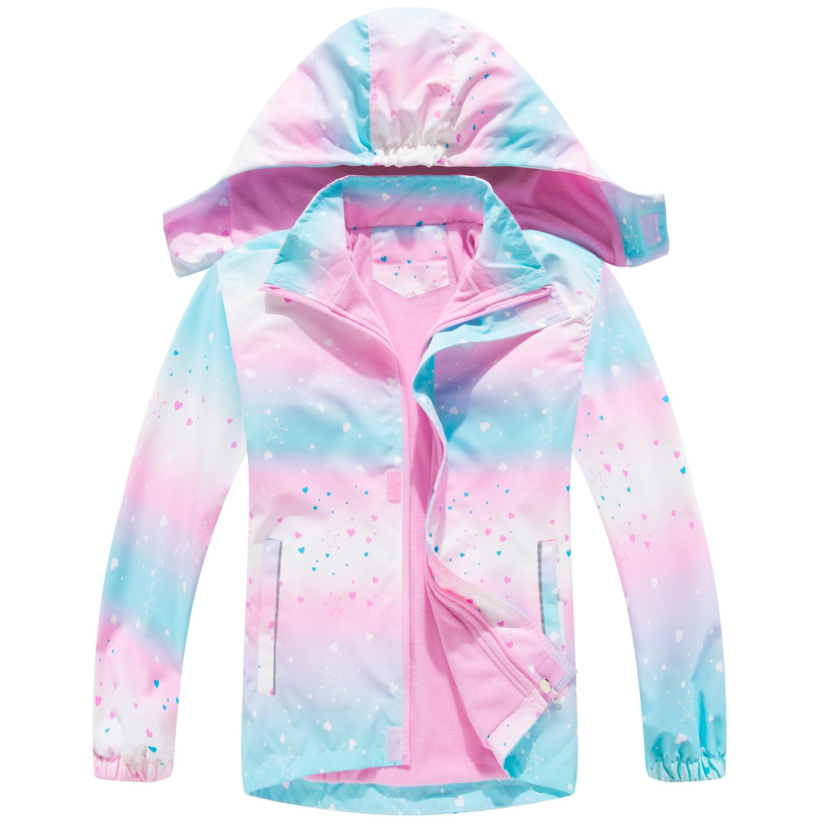 Fewlby Regenjacke Mädchen, Softshelljacke Kinder Regenmantel mit Kapuze Windbreaker Wasserdichte Jacke Leichte Übergangsjacke, 9-10 Jahre