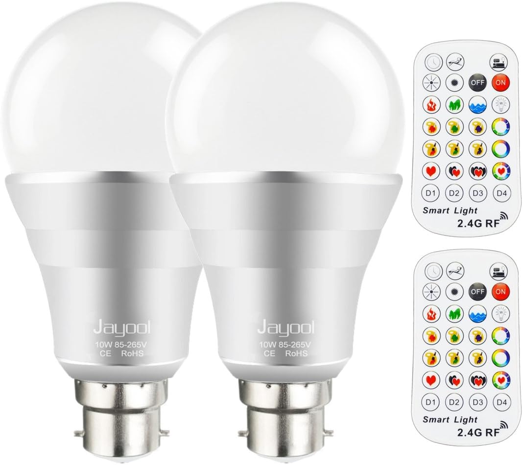 Jayool 2.4G RF B22 LED Light Bulb, Dimmable Colour Changing Light Bulb Bayonet with Remote Control (4-Zone), 1 Million Colour Choices, RGB+Daylight White (2 Pack) [Energy Class A+]