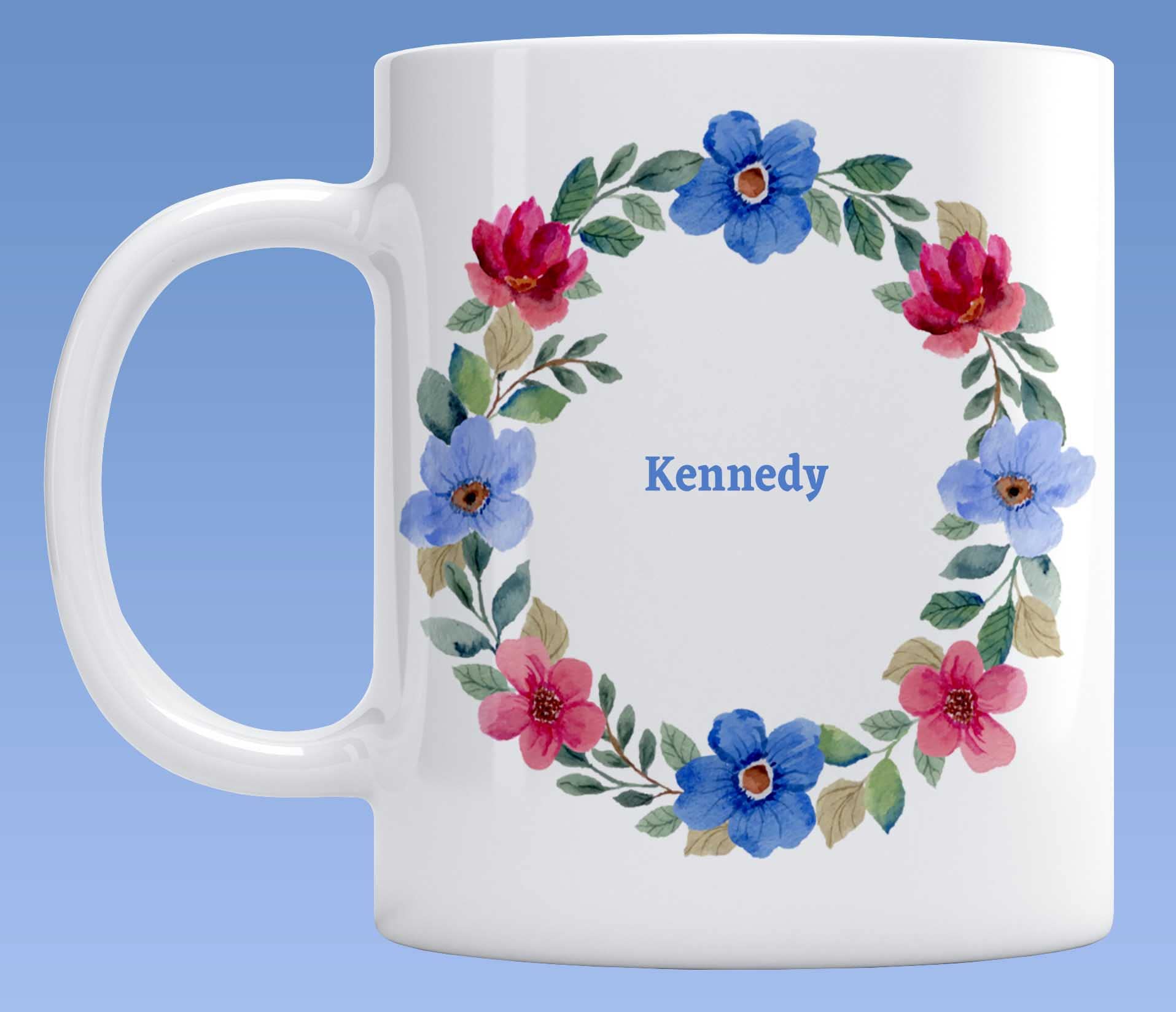 LOROFY Name Kennedy Printed Beautiful Blue & Pink Floral Design White Ceramic Coffee Mug (350ML)