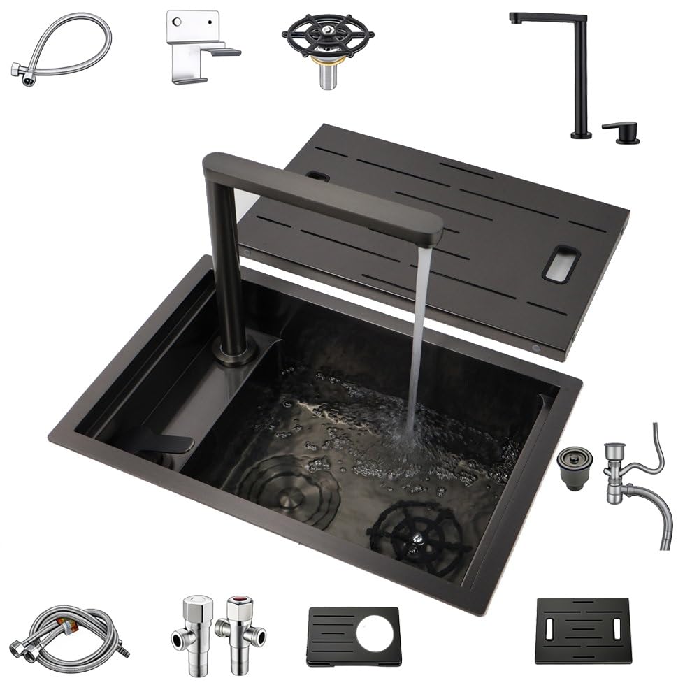 Fregadero Camper con Tapa, Fregadero de Cocina de Acero Inoxidable 304, con Juego Completo de Accesorios,para Vehículos de Camping y Caravanas(Black)