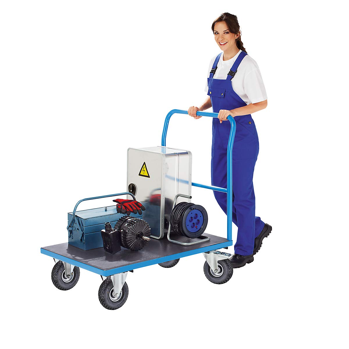 eurokraft pro | Plattformwagen | Rohrschiebebügel, Luftreifen, LxB 1250 x 800 mm, lichtblau