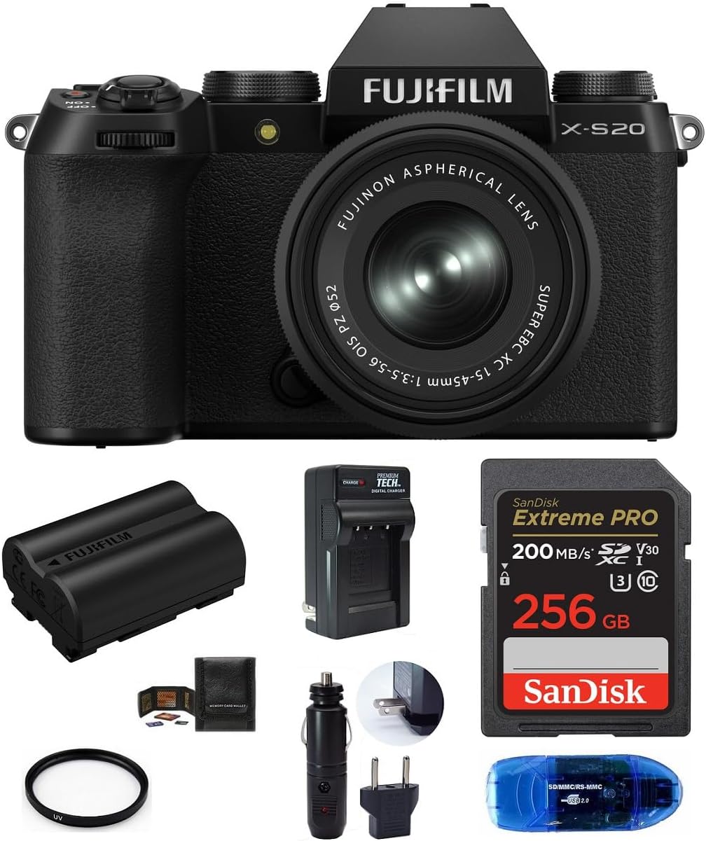 FUJIFILM X-S20 Digital Camera with 15-45mm Lens Bundle, Includes: Spare Fujifilm NP-W235 Battery, SanDisk 256GB Extreme PRO SDXC Memory Card and More (7 Items)