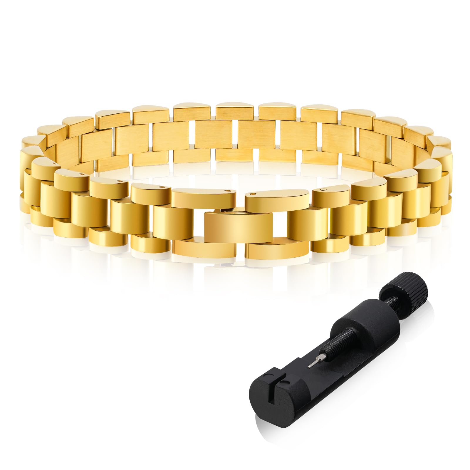 18K Gold Plated Chain Link Bracelets for Women, Adjustable Metal Watch Band Chain Wristband, Thick Link Stainless Steel Non Tarnish Bracelets Fashion Jewelry Gifts