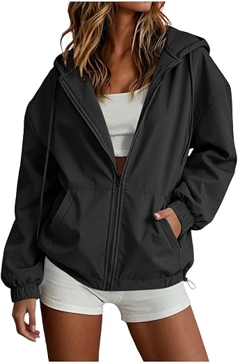Womens Windbreaker Jacket Hood Lightweight Wind Resistant Full Zip Up Hooded Jacket for Women Loose Fit Hiking Coat