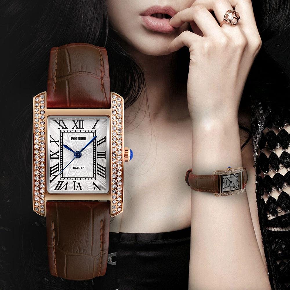 SKMEI Reloj de mujer clásico romano de cuero genuino piedras de cristal oro rosa o plata, Marrón con caja de oro rosa, Correa