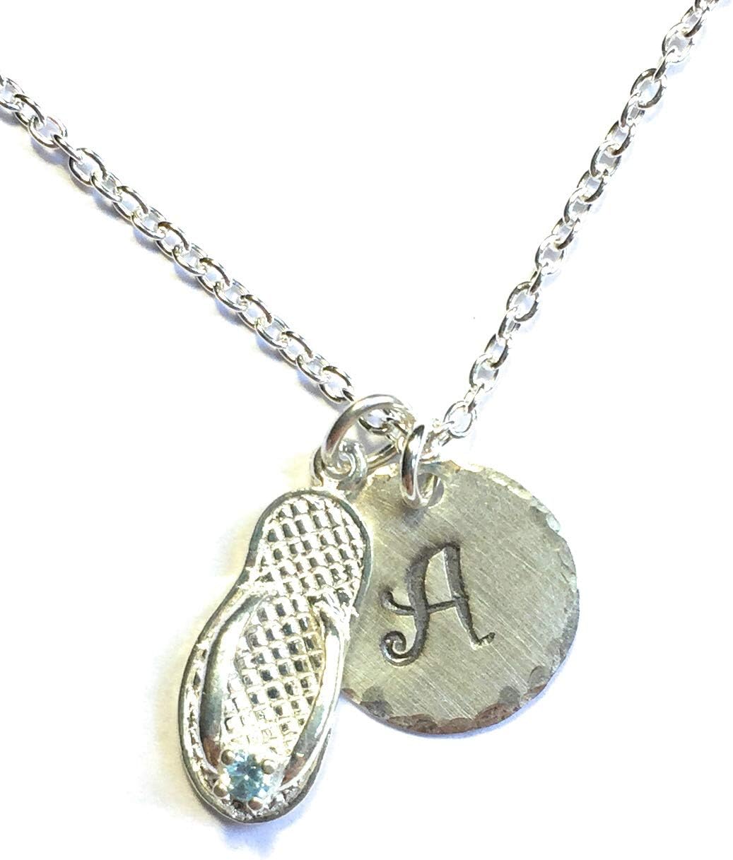 March Aquamarine Birthstone CZ Flip Flop Hand Stamped Sterling Silver Initial Charm Necklace