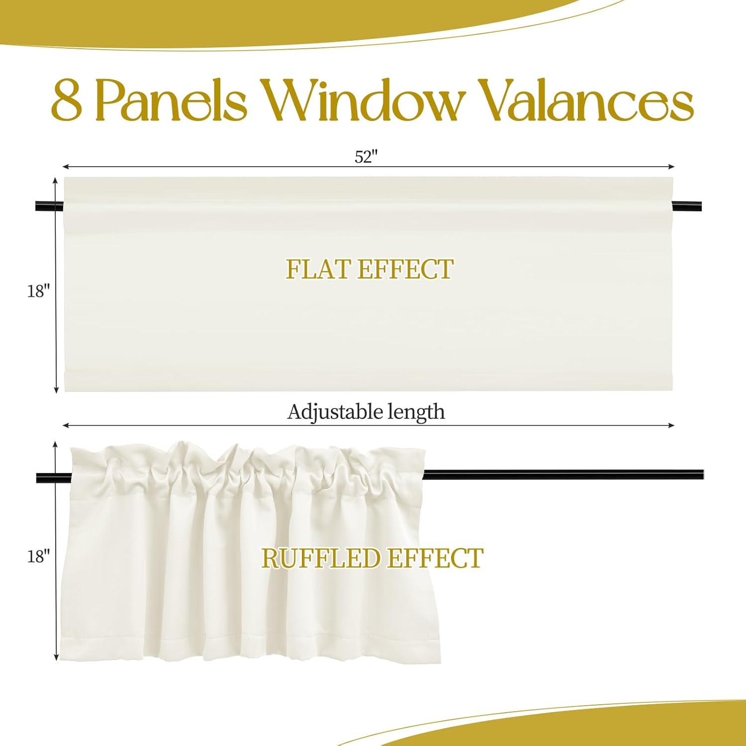 8 Panels Blackout Curtain Valances for Kitchen Living Room Bathroom Bedroom, 52" x 18" Ivory Valances for Windows Rod Pocket Short Curtains for Small Window, Thermal Insulated Valances