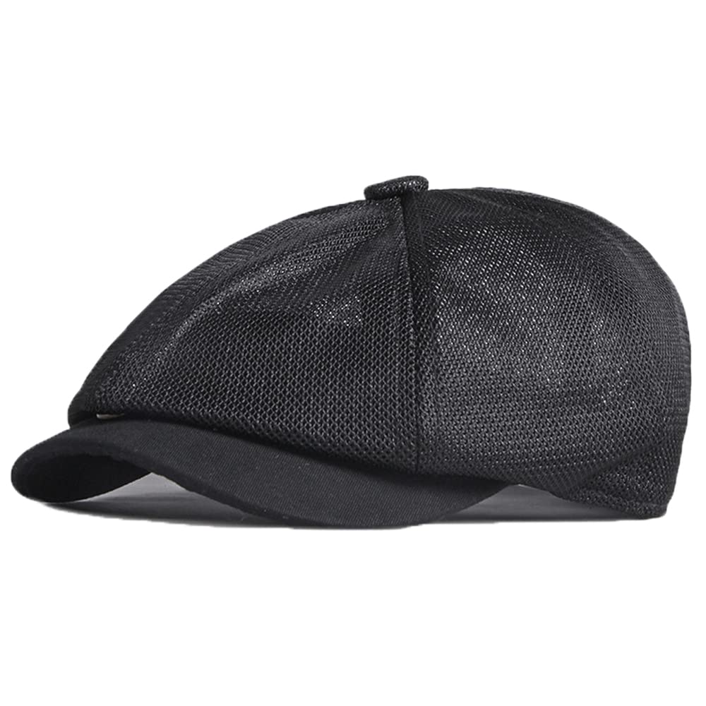Mesh 8-Panel Pork Pie Hats for Men Boy Cap Breathable Summer Hat Adjustable (Black), Black, One Size