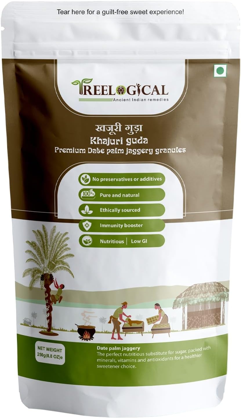 Treelogical Khajuri Guda, Premium Date Palm Jaggery Granules (250 gm), khajur gud powder, Nolen Gud/patali gud/Bengal gud/ karupatti gud/LoW GI, Additive-Free Sweetener, Rich in Iron and Calcium, 100% natural sweetener, healthy substitute for sugar