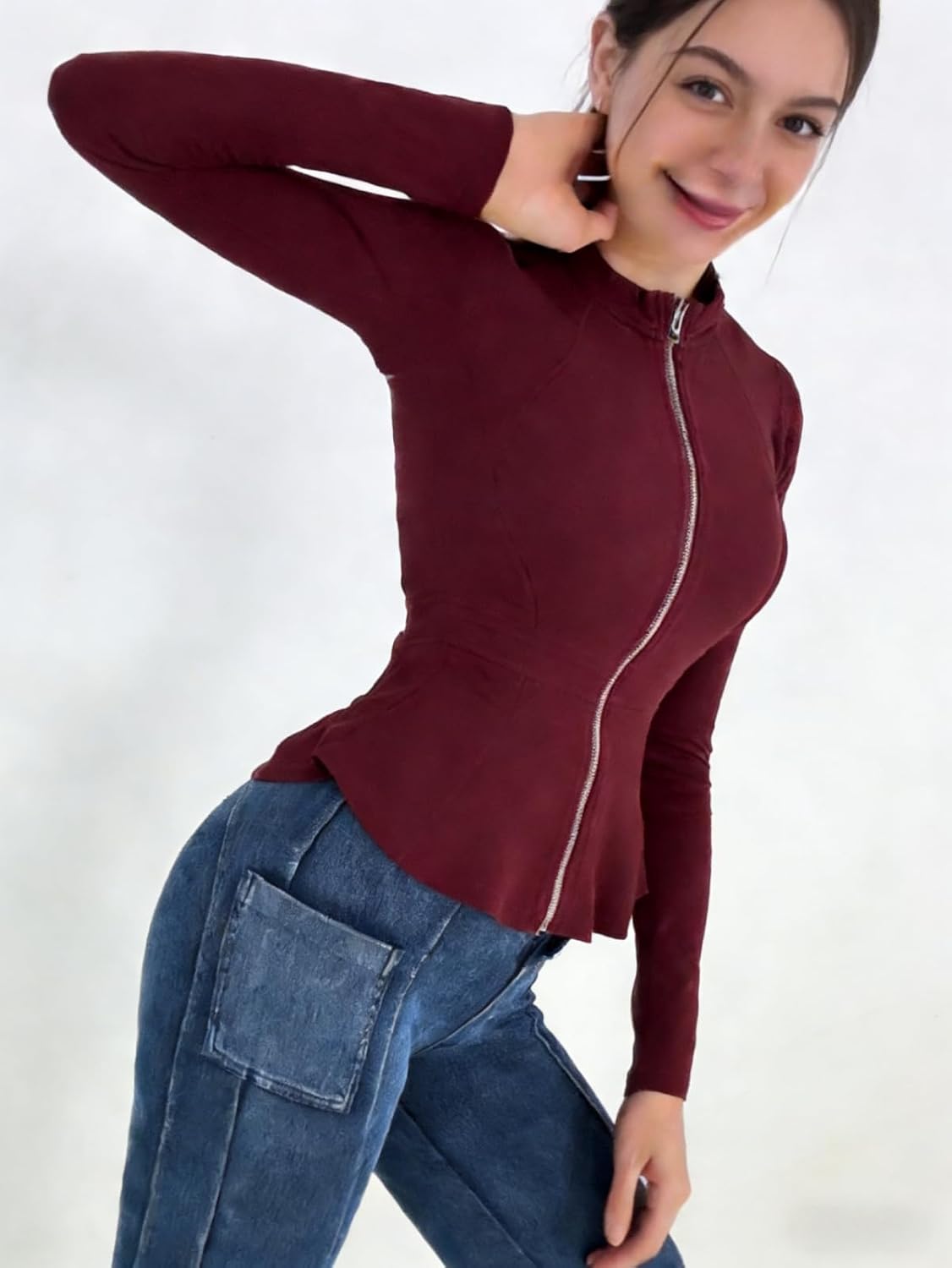 Casual Denim Peplum Jacket for Women Long Sleeve Zip Front Athletic Workout Ruffle Blazer Coats - Image 3