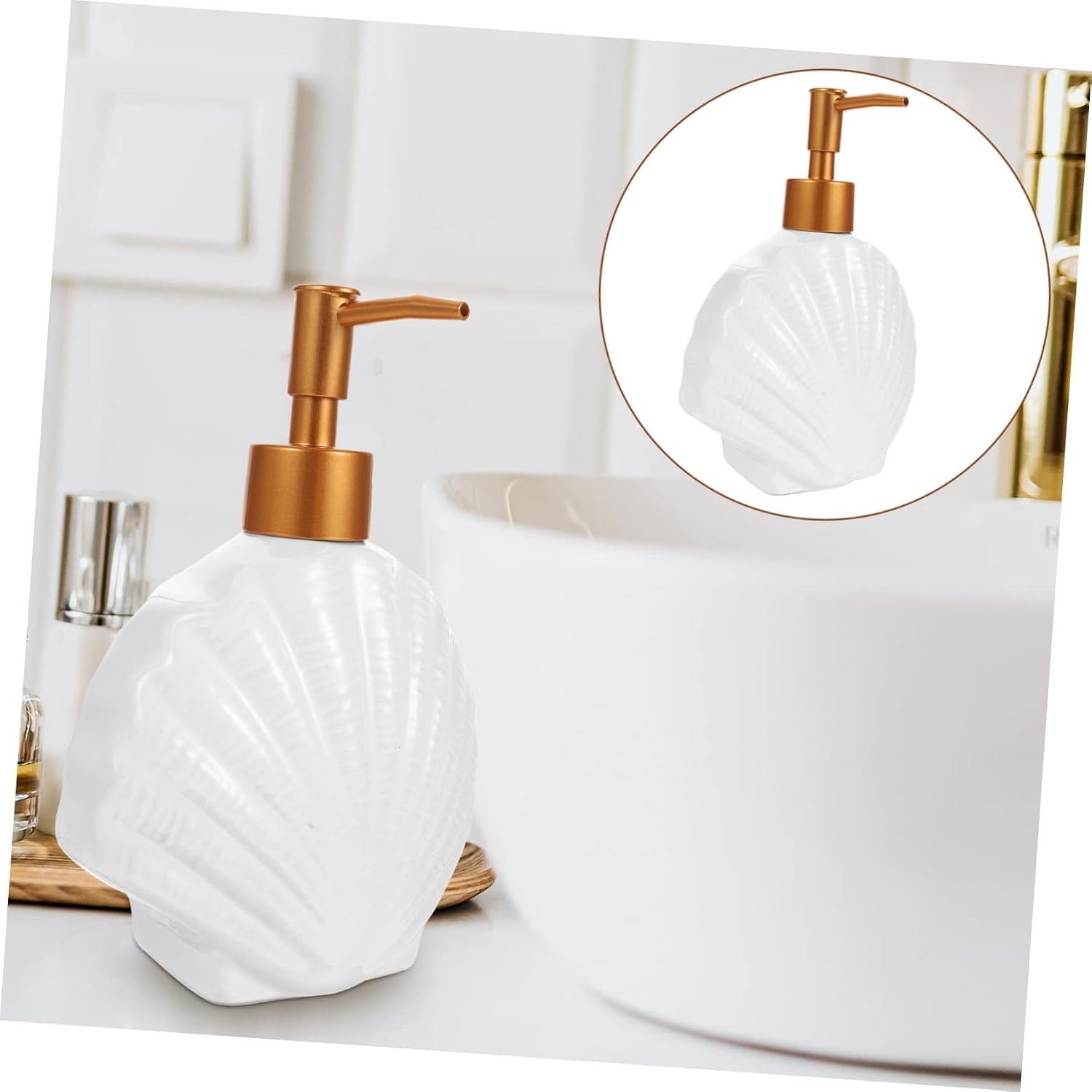 MAGICLULU Style Ceramic Lotion Dispenser Soap Container with Pump for Hand Soap Shampoo Conditioner Elegant Shell Design for Bathroom Kitchen Use