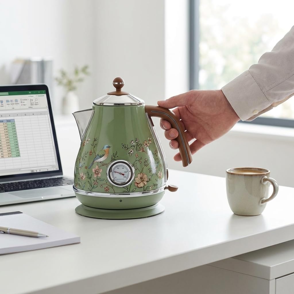 Flower Painted Electric Kettle 1.7L, electric kettle Retro Style Water Heater with Analog Dial Thermometer, Fast Boiling 1850W Cordless Kettle for Home Office kettle electric tempe