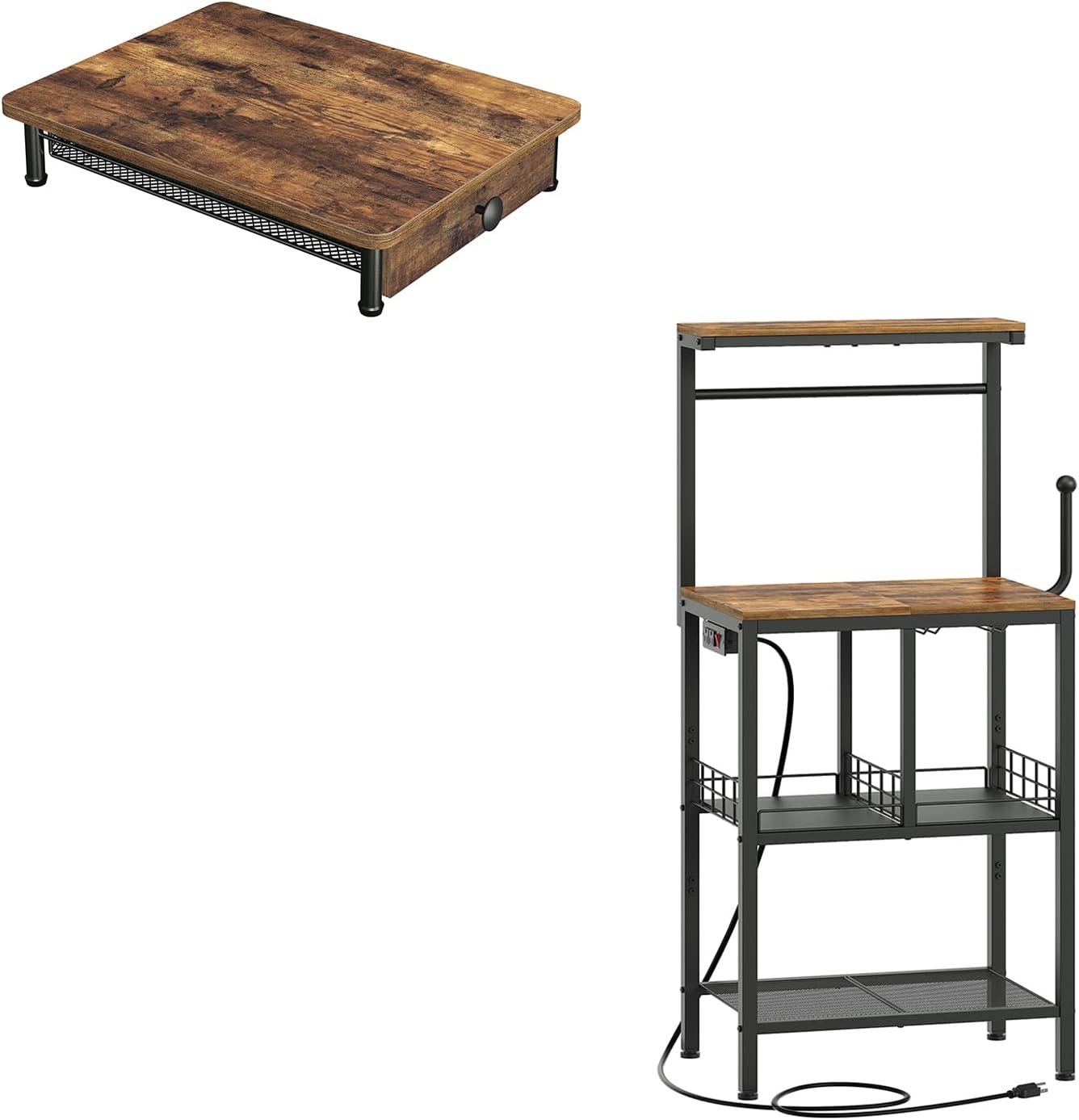 Coffee Pod Drawer Holder and Bakers Rack, Coffee Pod Drawer for K Cup, Bakers Rack with Power Outlet, Kitchen Storage Rack with Wine Glass Holder and Paper Holder, KH08BRG1-HB02UBR