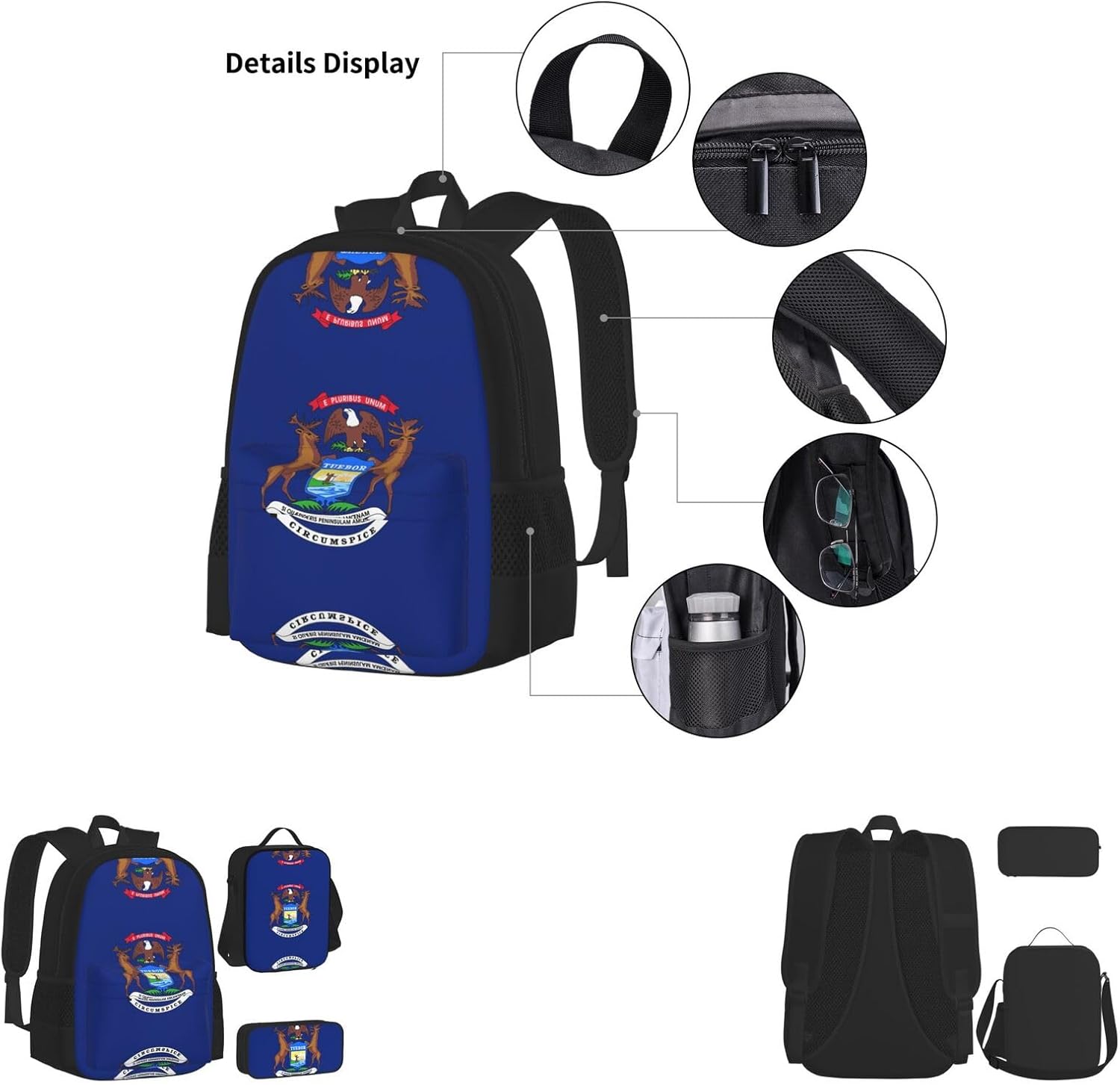 Michigan State Flag Print Bookbag Lunch Bag Pencil Case 3 In 1 Backpacks Set Backpack