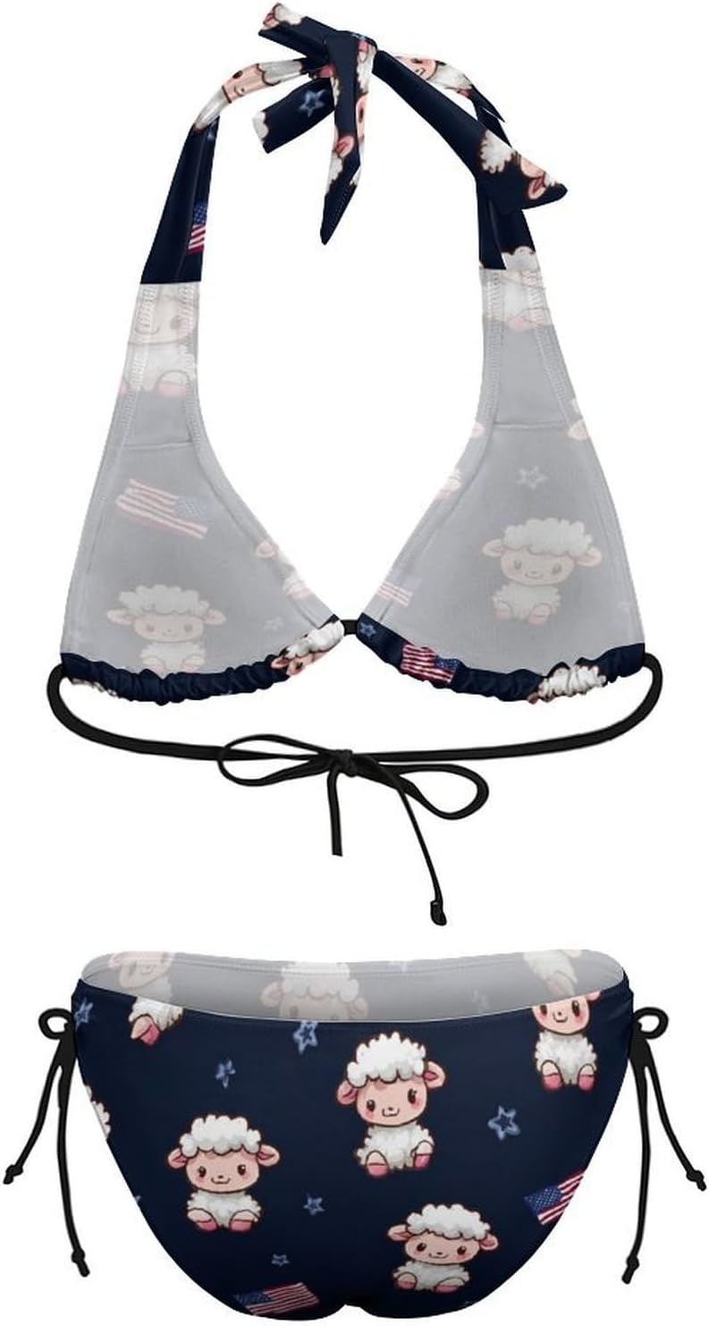 Cute Lamb U.S. Flag Novelty Women's 2 Piece String Bikini Set Swimsuits Bathing Suit Swimwear