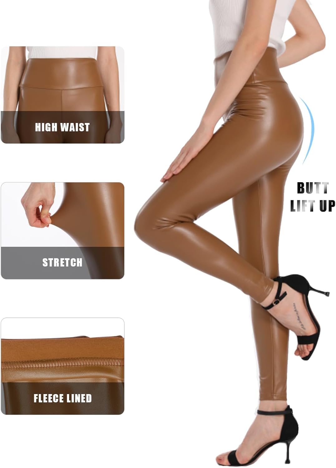 Ginasy Faux Leather Leggings for Women Tummy Control Stretch High Waist Pleather Pants with Thin Fleece Lined - Image 3