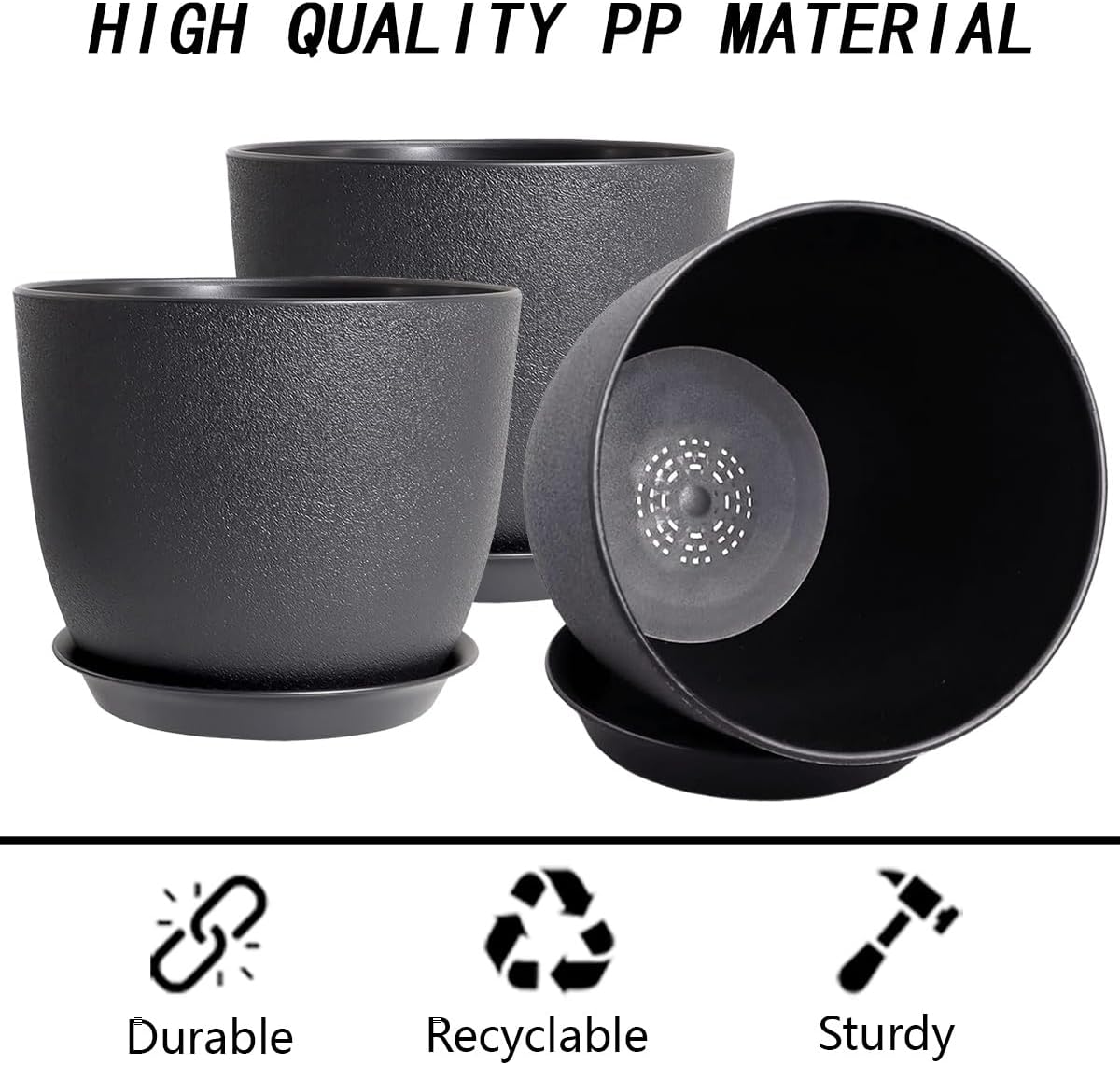 10 Inch Planting Pots Set of 3, Outdoor Planters for All House Plants Black Plastic Flower Pots Modern Decorative Garden Pot with Saucer