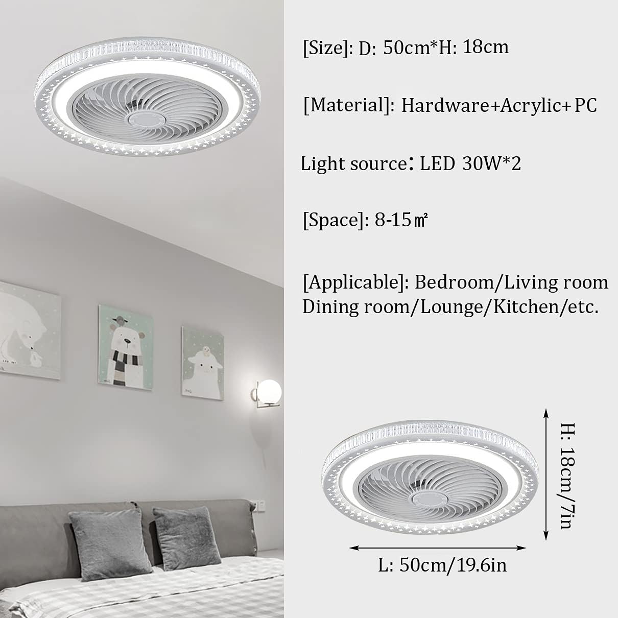 YUEGOO Led Ceiling Fan with Light and Remote Control Mute Fan Lighting 3 Speeds Bedroom Dimmable Fan Ceiling Light 60W Modern Living Room Quiet Ceiling Fan Light