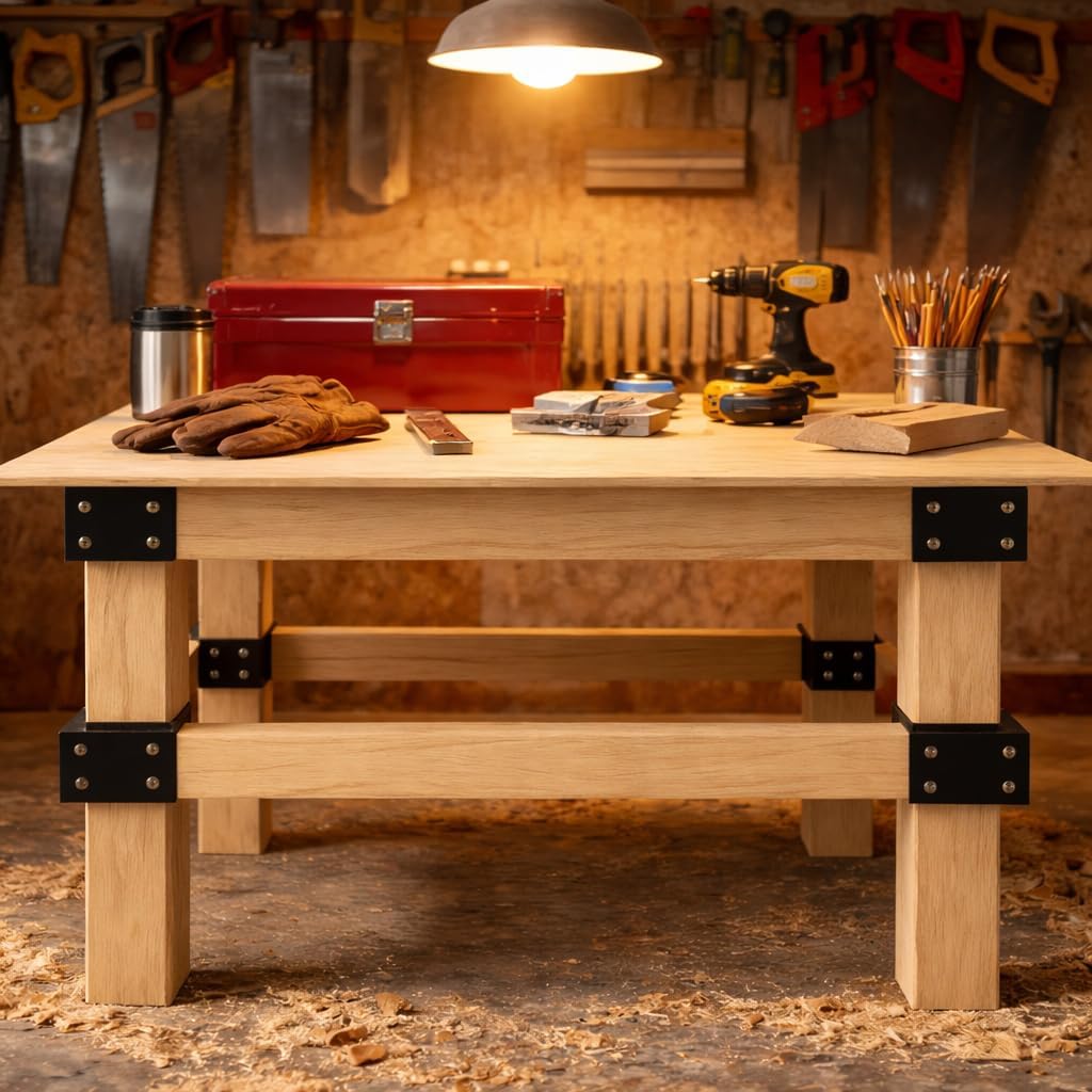 Heavy Duty Workbench Bracket Kit, 3-Way 90° Corner Brackets for 4x4 & 2x4 Lumber, Steel Leg Frame Braces, 4 Pack (4x4)