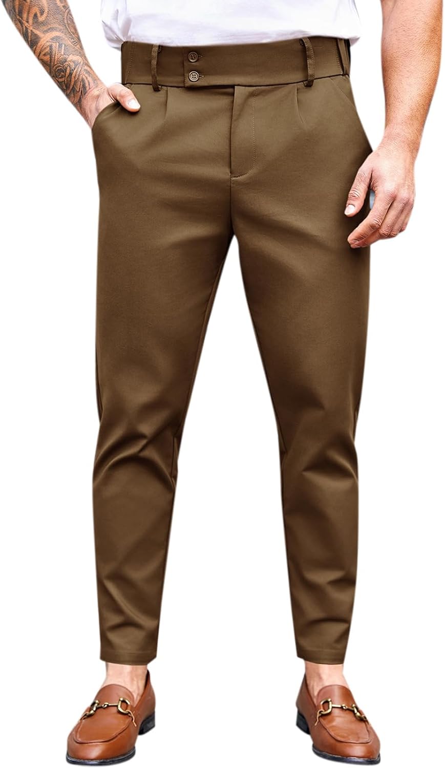 PASLTER Mens Chino Pants Slim Fit Flat Front Stretch Skinny Tapered Dress  Pants Casual Trousers