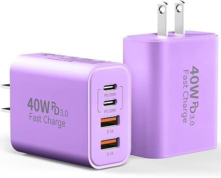 USB C Wall Charger Block, 2Pack 40W 4-Port C Charger Fast Charging Block PD Power Adapter +QC 3.0 USB A Wall Plug Multiport Type C Box Cube for i Phone 15/14/13/12/11 Pro Max,pad, Galaxy,Purple