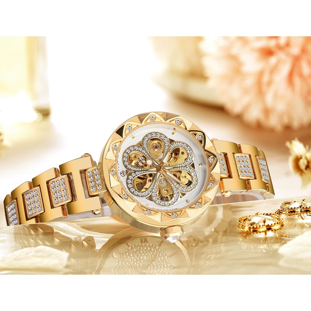 FORSINING Automatische mechanische Damenuhren, Skelett-Steampunk-Uhr mit Diamant und Schnitzerei, Blumenhandwerk, kalte Uhr für Frauen, minimalistisches Retro-Design, mechanische Skelett-Armbanduhr,