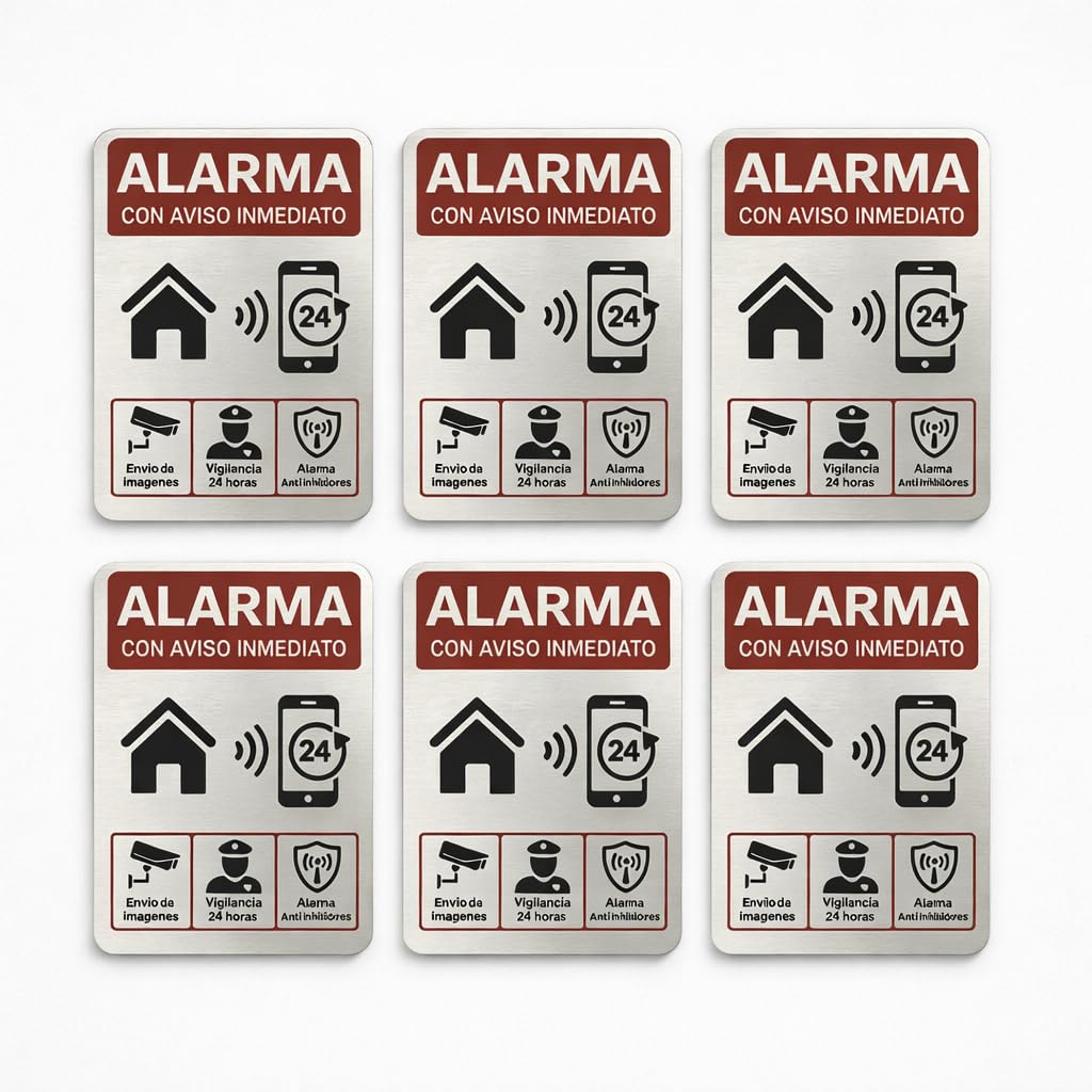 [6 UDS] Placas Adhesivas Aluminio Disuasorias Seguridad Exterior Resistente Agua Aviso Alarma Inmediato Puerta Ventana Buzón Cartel Antirrobo Hogar Oficina Pack Completo Movimiento Anti Inhibidores