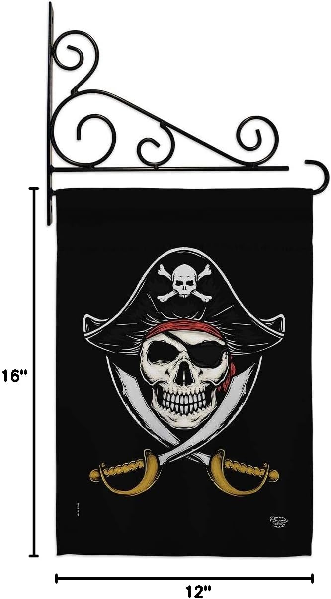 Pirates Garden Flag Set Wall Holder Coastal Pirate Ship Skull Treasure Map Carribean Jolly Blackbeard Jack Small Decorative Gift Yard House Banner Double-Sided Made In USA 13 X 18.5