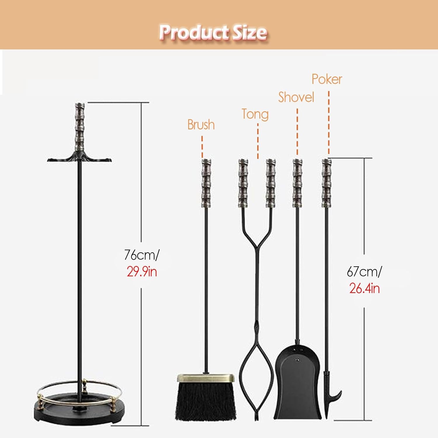 Katzowen Fire Place Tool Kit with Tongs Shovel Broom Poker, 76cm/30in Fireplace Tool Set for Indoor Outdoor, Cast Iron Accessories Set for Stove Hearth