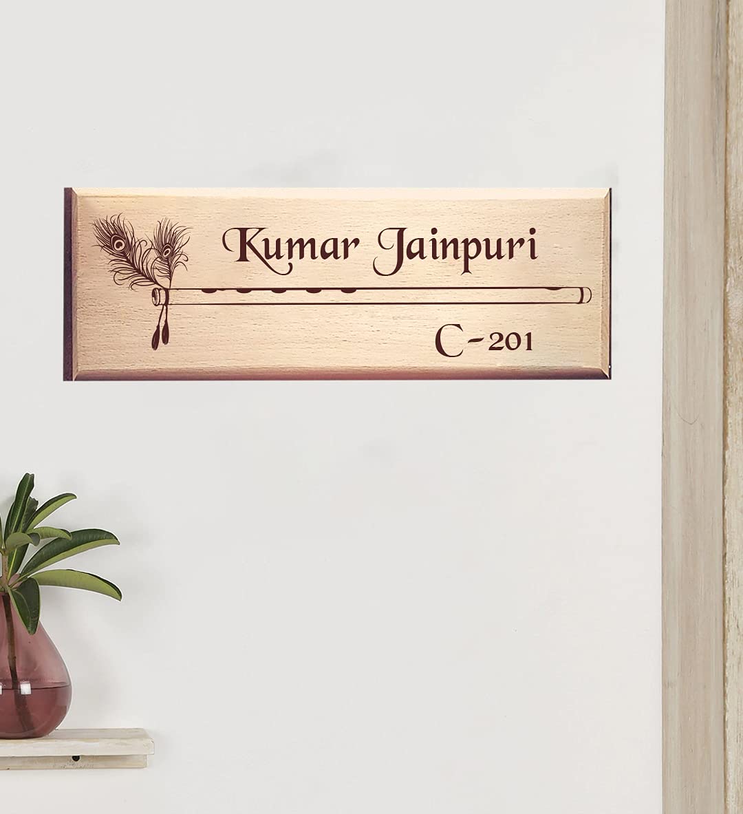 Ganesha Wooden Engraved House Name Plate for Home, Office Entrance. (Krishna Flute)-image-5