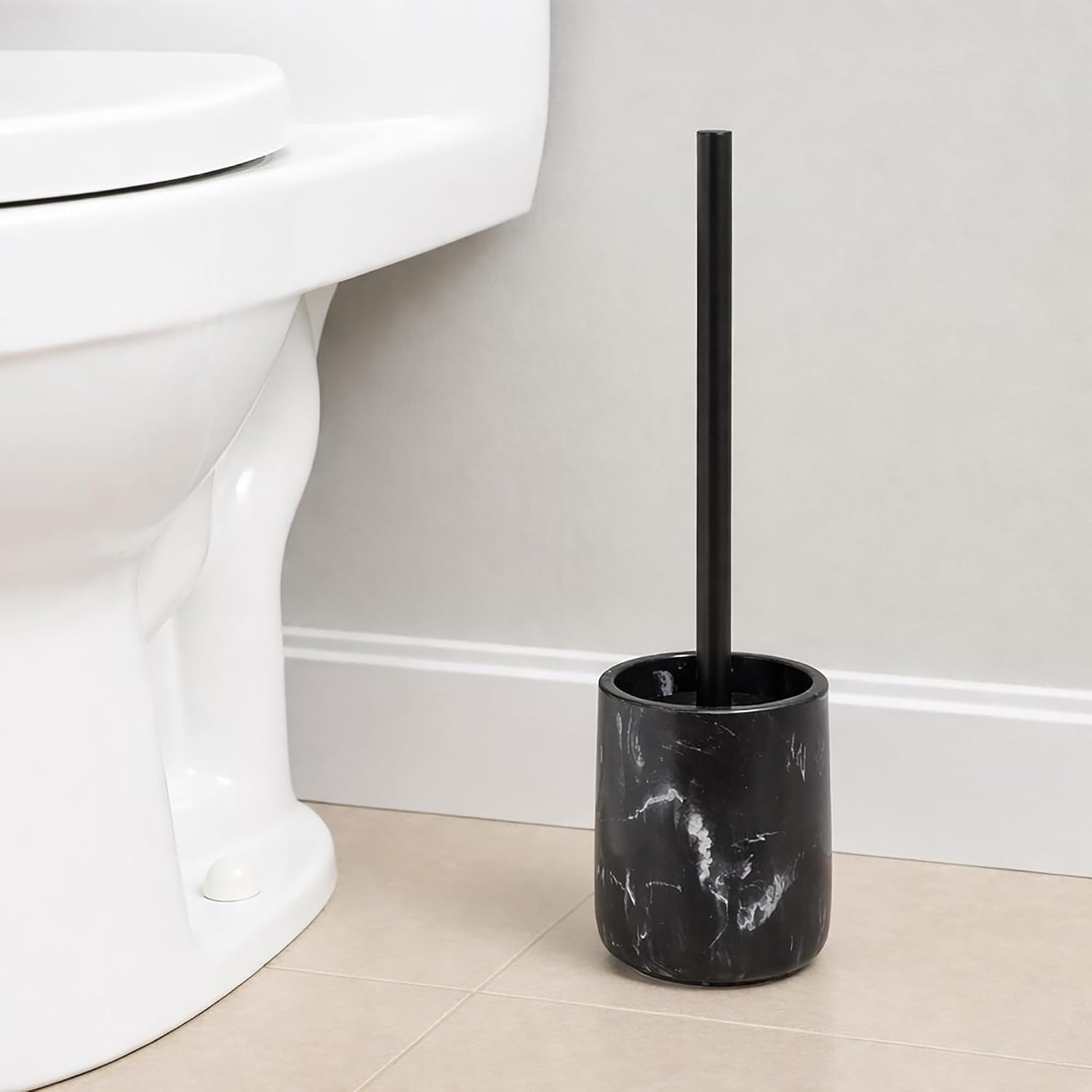 Black Marble Toilet Brush and Holder Set – Modern Resin Base with Black Steel Handle – Durable Bathroom Accessory for Deep Cleaning, Ideal for Compact, Contemporary Spaces