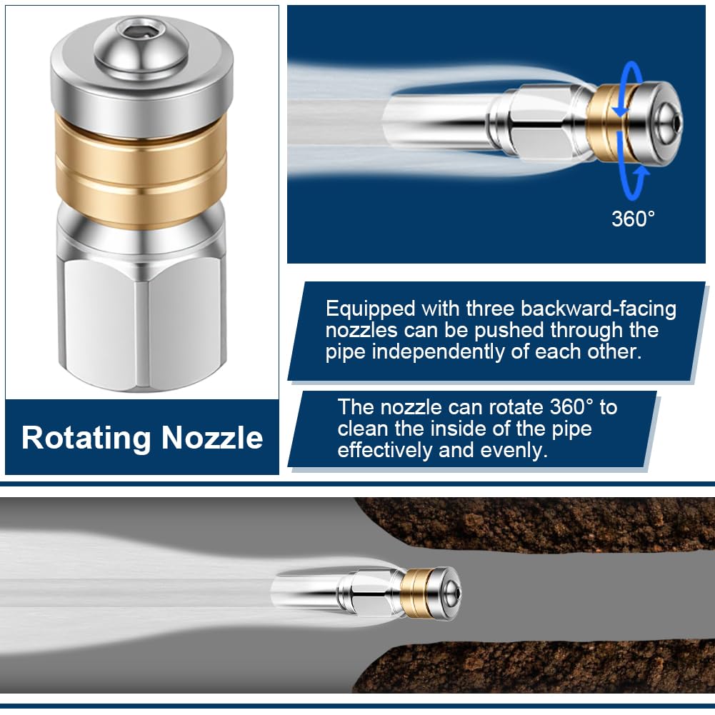 20M Kit Deboucheur Haute Pression, Kit de Tuyau de Nettoyage De Canalisation avec Buse Nettoyeur Haute Pression à Jet, Rotative et Adaptateurs, Compatible avec Karcher K2/K3/K4/K5/K6/K7