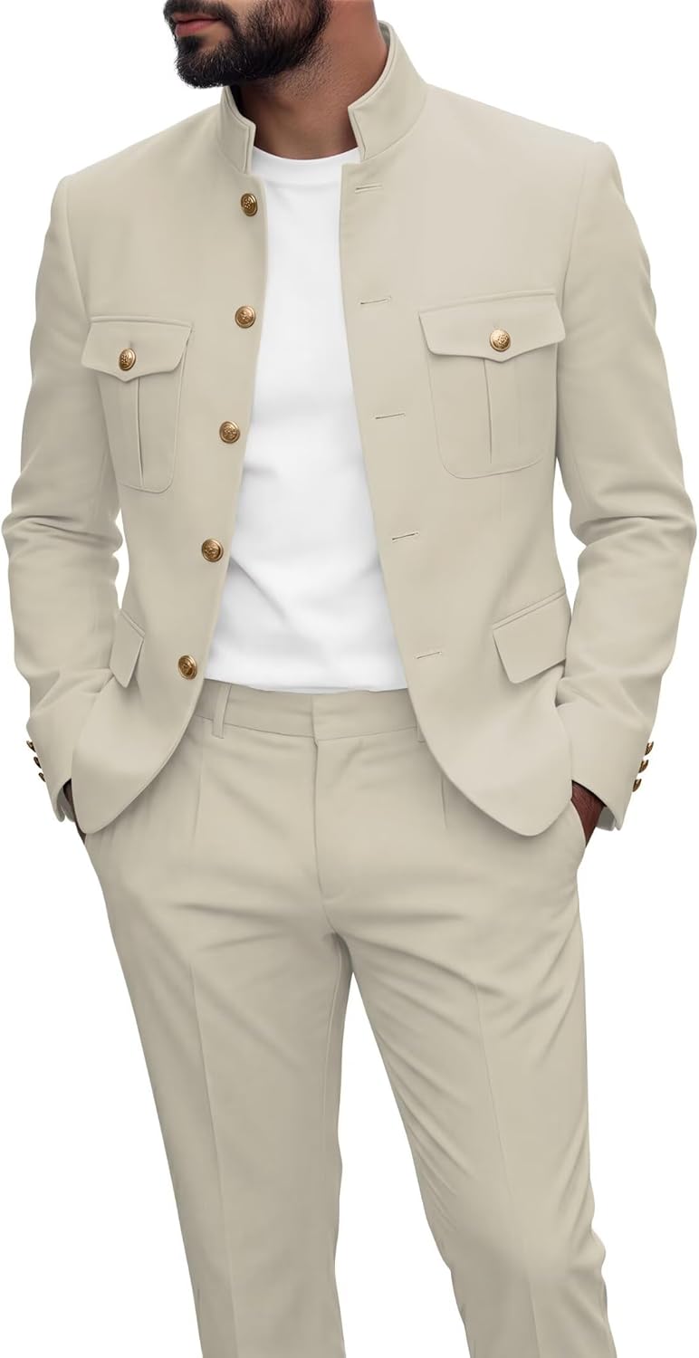 Mens Safari Suit 2 Piece Slim Fit Stand Collar Chinese Men Suit Gold Button Wedding Multi-Pocket Blazer Jacket Pant