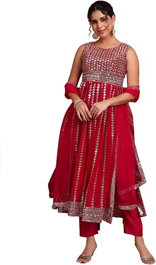 SHOPPING QUEEN Women's Georgette Sequins Kurta, Pyjama & Dupatta Set