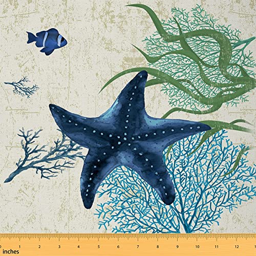 Étoile de mer plage Tissus au Metre enfants côte plage océan imperméable Tissu extérieur corail bleu Tissu 920x150cm Chaise océan bleu vert Tissu...