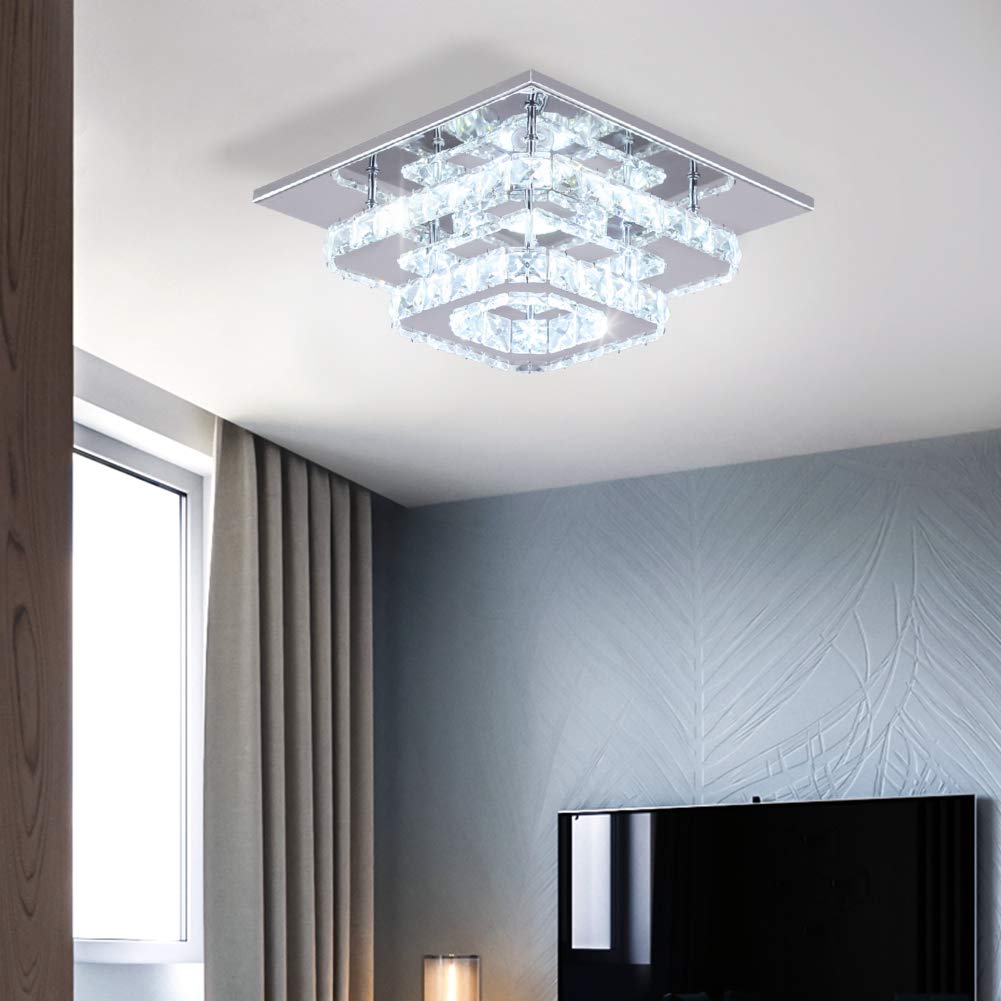 通用 Finktonglan Plafón LED de Cristal K9 25×25 cm, Lámpara de Techo Moderna Semiempotrada Cuadrada Blanco Frío 4500K–6000K para Dormitorio, Salón, Comedor y Pasillo [Clase de Eficiencia Energética E]