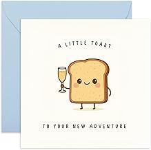 Cute New Job Card – Little Toast and Champagne – Good Luck or Farewell Card for Colleague, Coworker, Officemate, Buddy, Friend, Boss – Cute Bread, New Adventures – Comes with Stickers