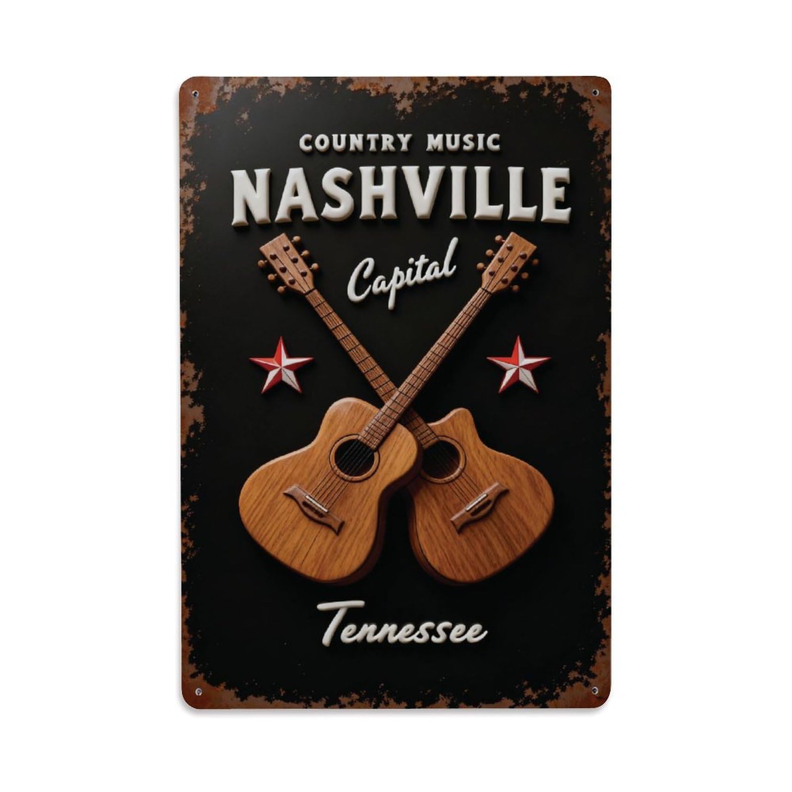 Nashville Country Music Guitar Wall Sign Vintage Aluminium Metal Sign, Retro Wall Decor for Home, Bar, Garage & Farmhouse 30x20cm