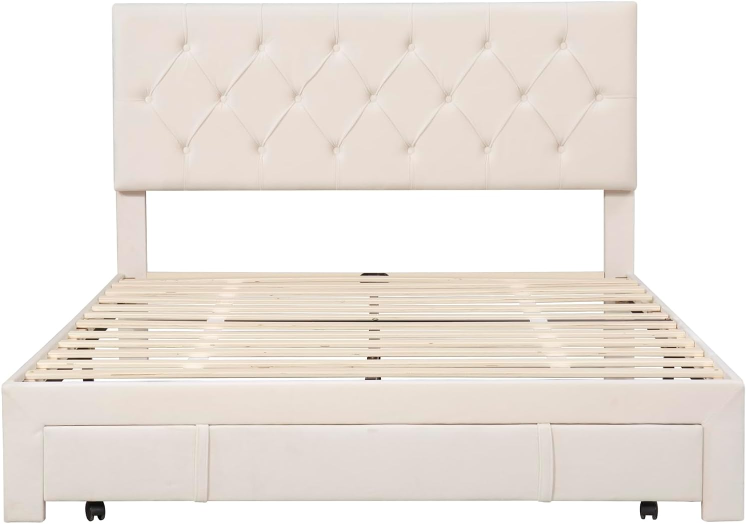 Queen Size Bed Frame Linen Upholstered Platform Bed with Storage Drawer,Queen Bed Frames with Buttons Headboard for Bedroom,Wooden Slat Support,Mattress Support No Box Spring Needed(Beige, Queen)