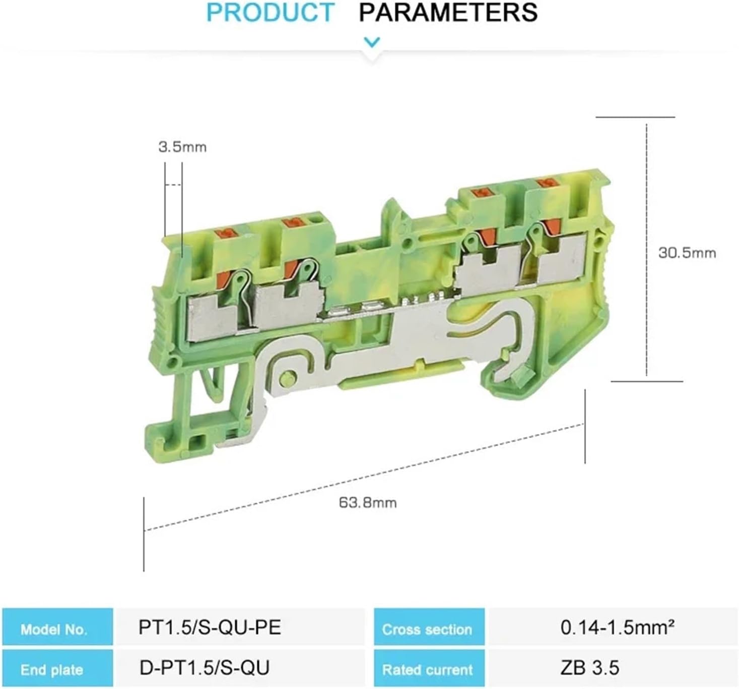 5 PCS PT1.5-QU-PE Ground Terminals Push-in 4-Conductor PT 1.5 1.5mm² Wire Connector Din Rail Terminal Block