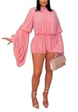 Shorts Sets Women 2 Piece Outfits Mock Neck Bell Sleeve Chiffon Top Blouse Pleated Ruffle Bubble Short Set Romper