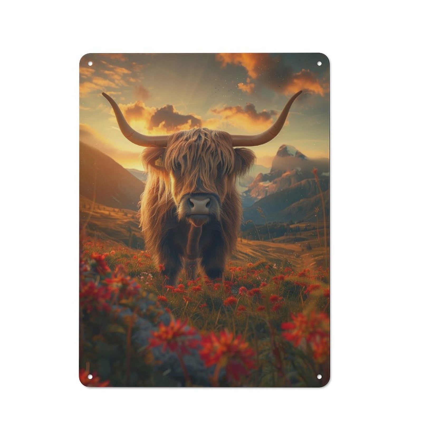 Highland Cow Sunset Kitchen Metal Sign 40x30cm, Country Style Kitchen Wall Decor for Restaurant, Kitchen, Counter Or Breakfast Nook