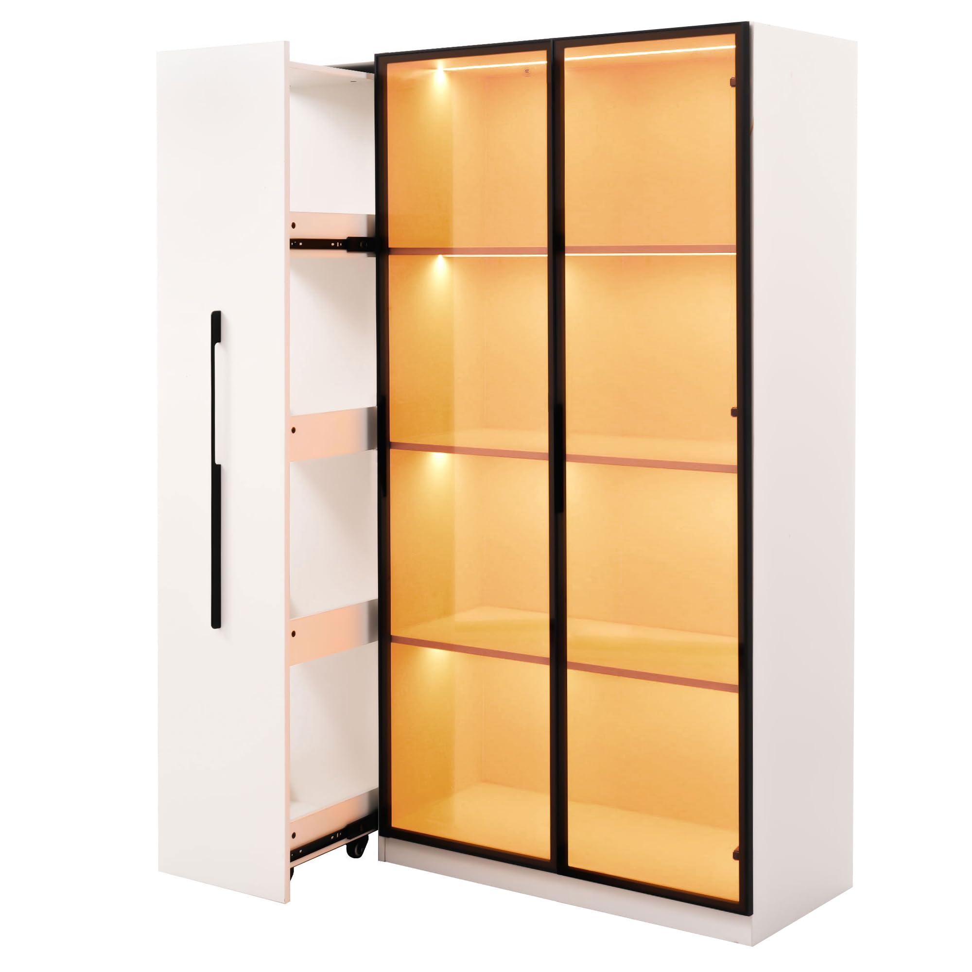 Merax Vitrina de 110,5 × 35 × 160 cm, armario multifunción con puerta de cristal e iluminación LED, cajón lateral con espacio de almacenamiento, armario alto de estilo francés, adecuado como