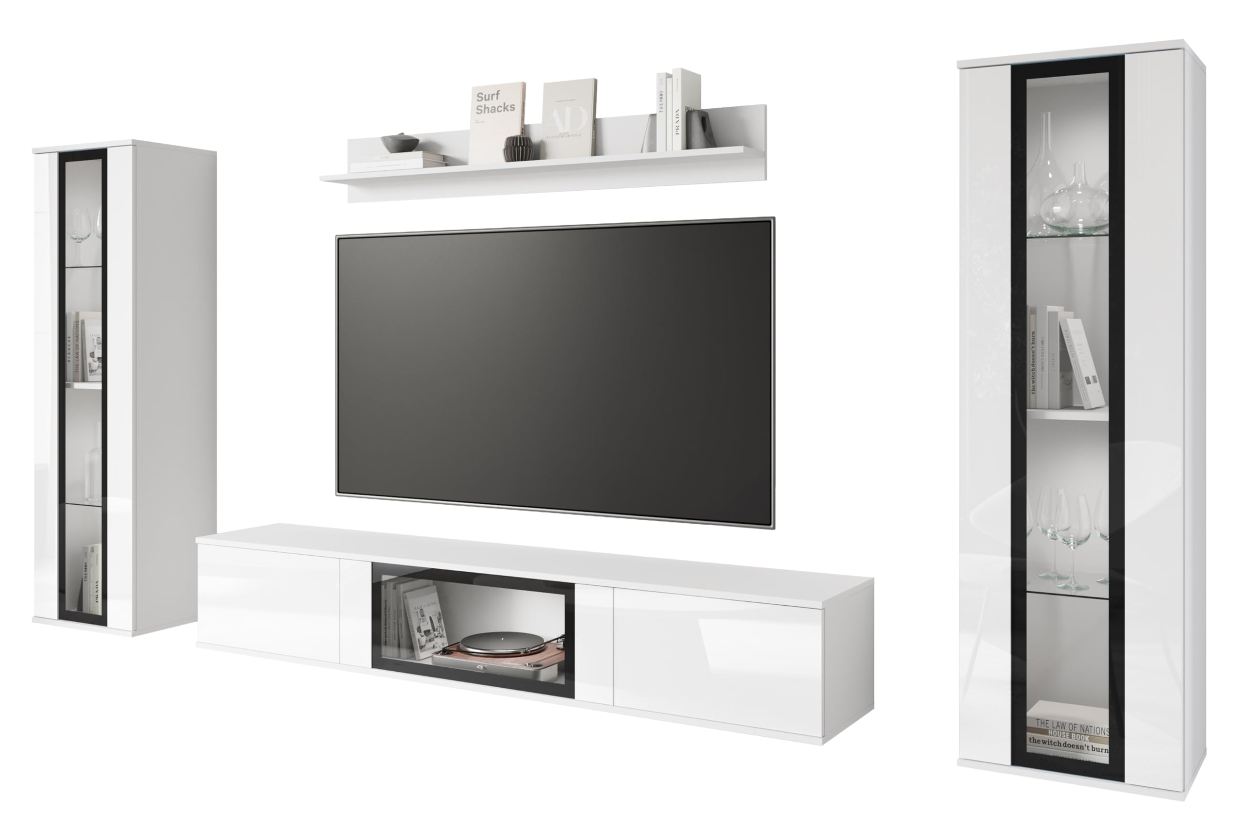 MINIO go for it - Ensemble de Meubles de Salon FARO 4 pièces avec LED | Armoire haute, vitrine, meuble bas avec porte en verre, étagère murale, panneau stratifié, blanc mat / blanc brillant