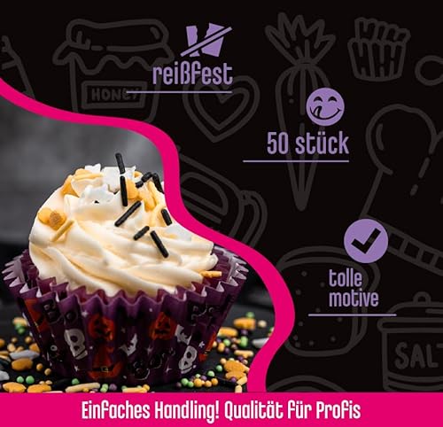 Decocino Muffinförmchen Halloween 50 Stück - Ideal für Halloween Partys, Mottopartys und mehr. Totenkopf, Fledermaus, Geister und Spinnennetze gehören zu jeder Party dazu